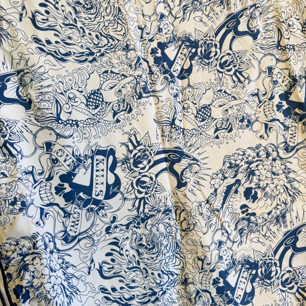 Ed Hardy Christian Audigier Tattoo Print Duvet Bedding Set White Blue Tiger Y2K